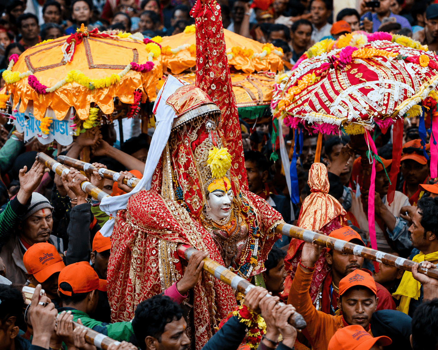 A decorated palanquin (doli) of Goddess Nanda Devi being carried by pilgrims through a Himalayan procession
