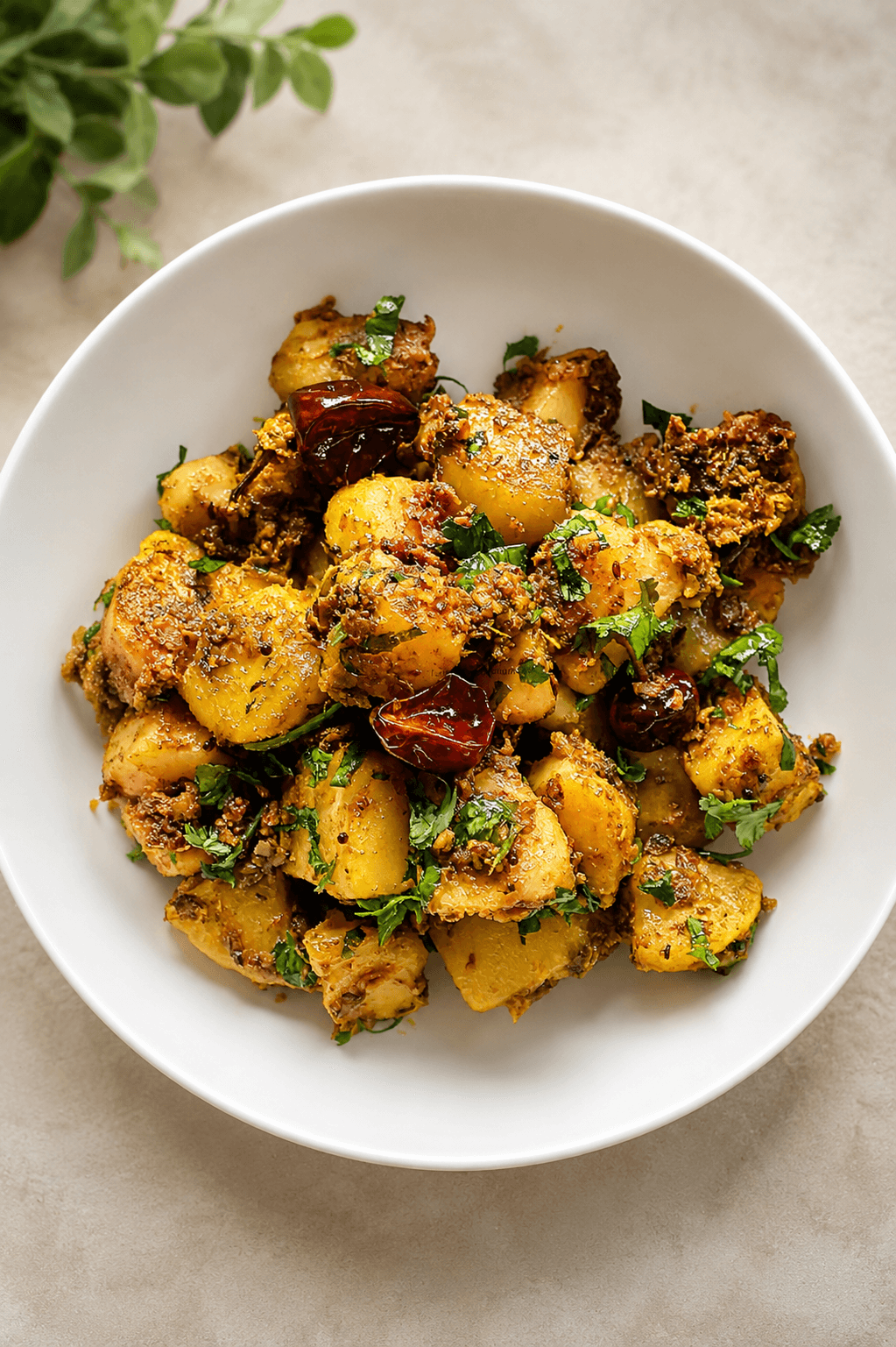 A plate of Aloo ke Gutke — diced, pan-fried potatoes with a crisp red-spiced exterior, garnished with coriander leaves