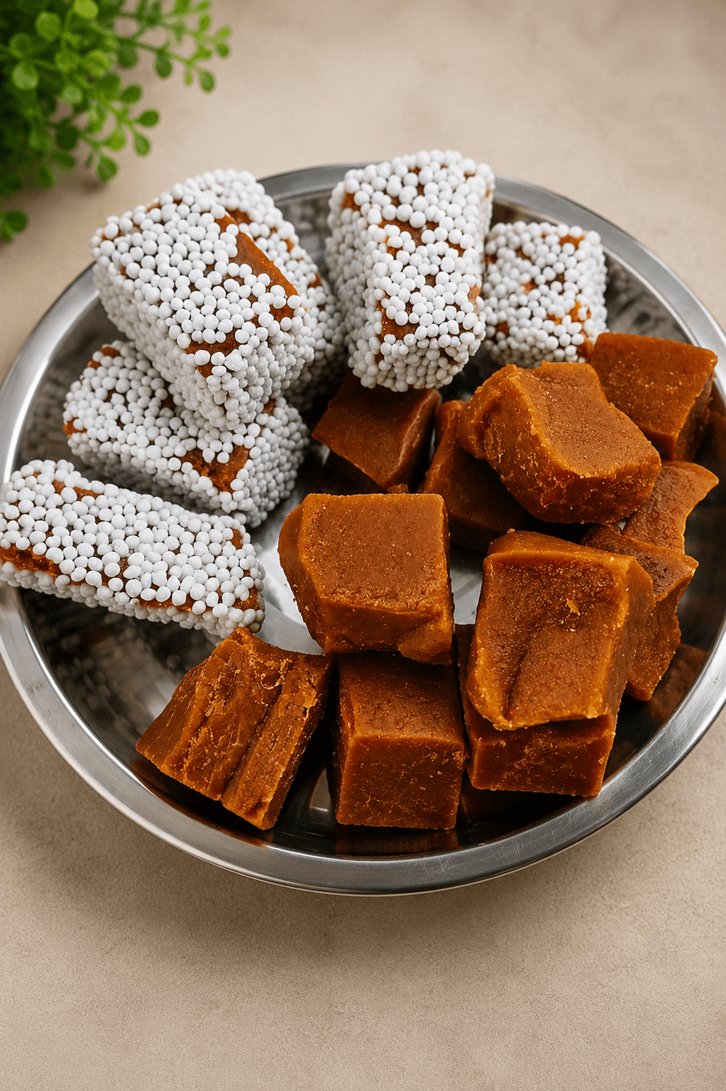 Cubes of chocolate-brown Bal Mithai fudge coated in small white sugar balls, arranged on a plate
