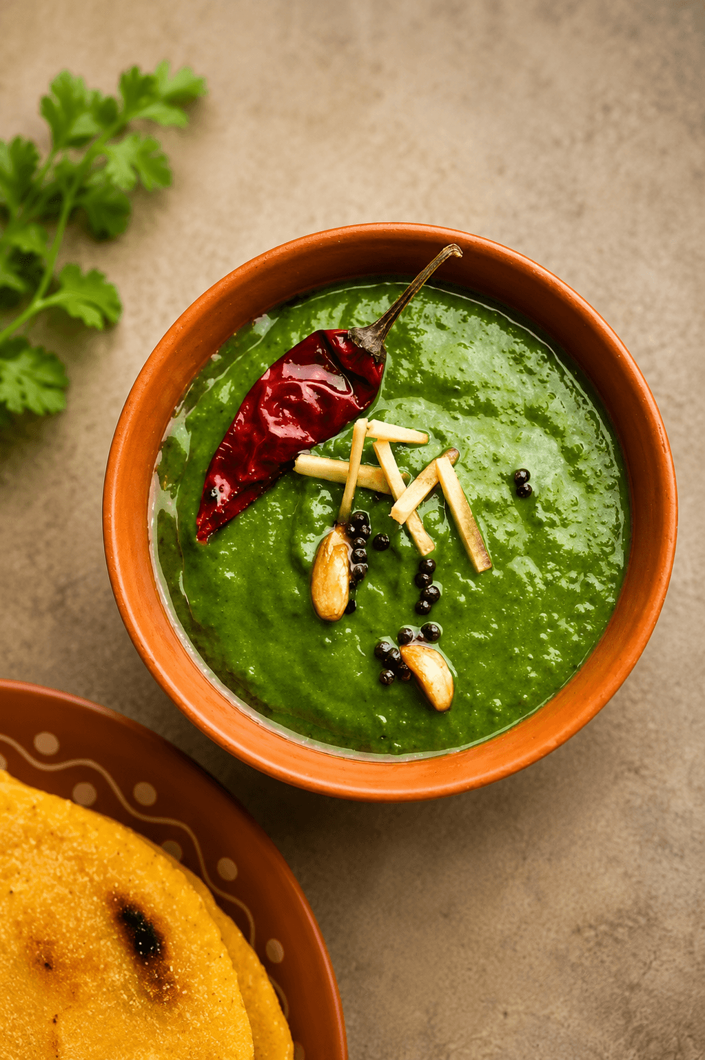 A bowl of thick, dark-green Kafuli gravy made from pureed spinach and fenugreek leaves, served with rice
