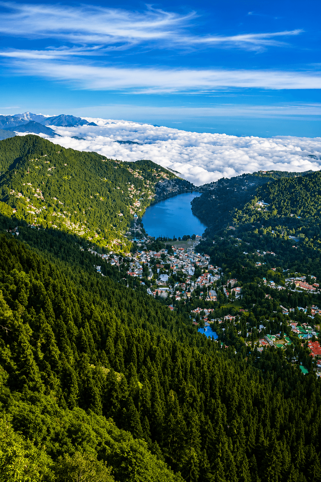 The emerald waters of Naini Lake in Nainital, ringed by forested hills and colonial-era buildings