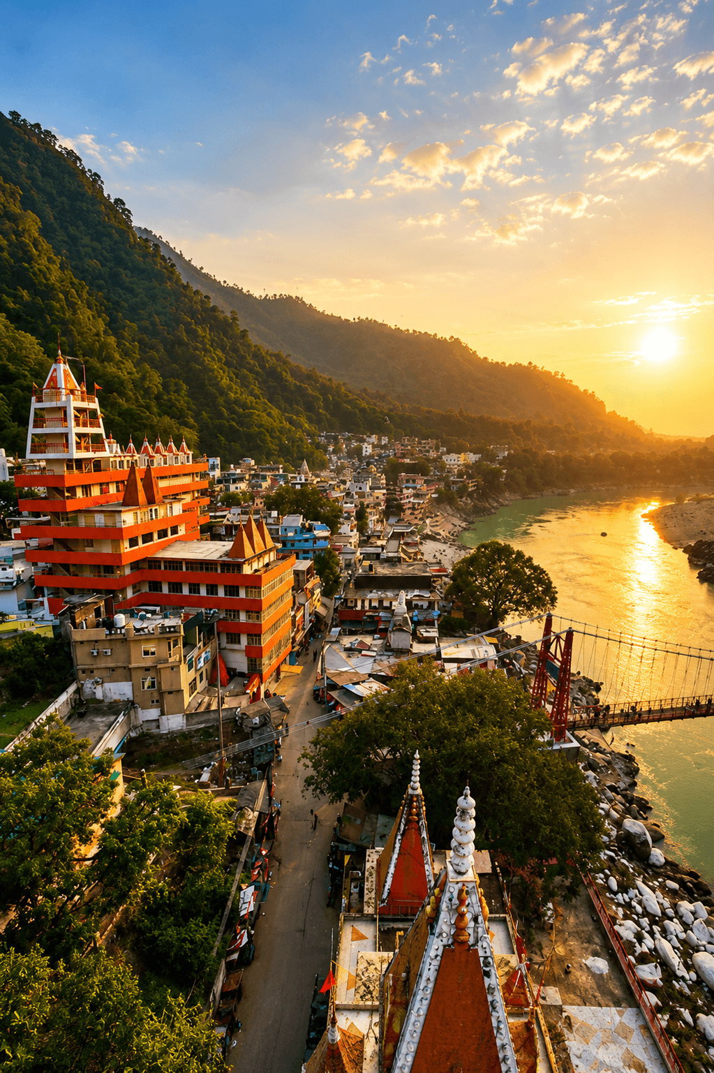 The suspension bridge Laxman Jhula spanning the Ganges at Rishikesh, with ashrams lining the riverbank