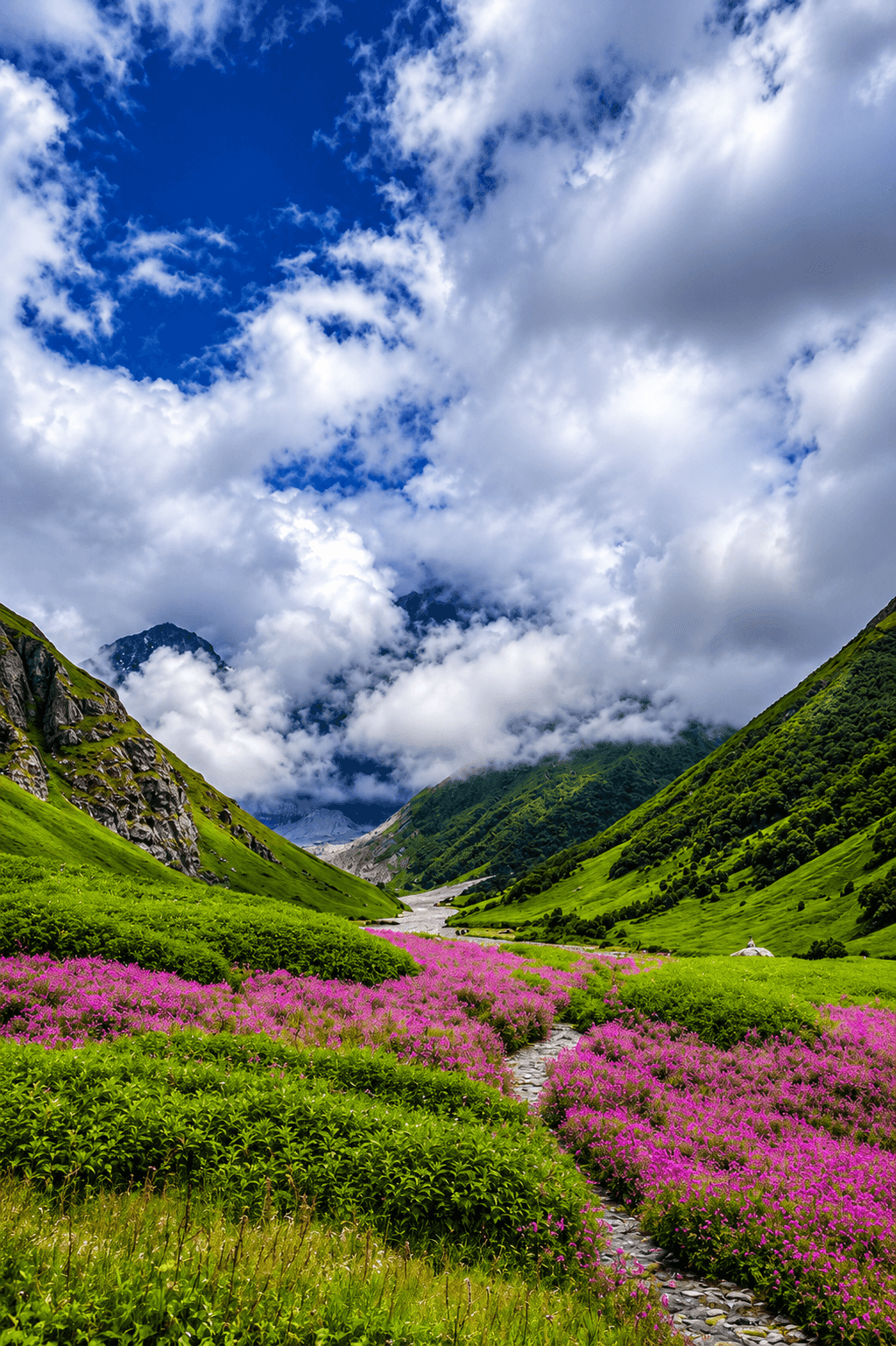 A high-altitude alpine meadow in the Valley of Flowers carpeted with hundreds of species of wildflowers below snow-capped peaks